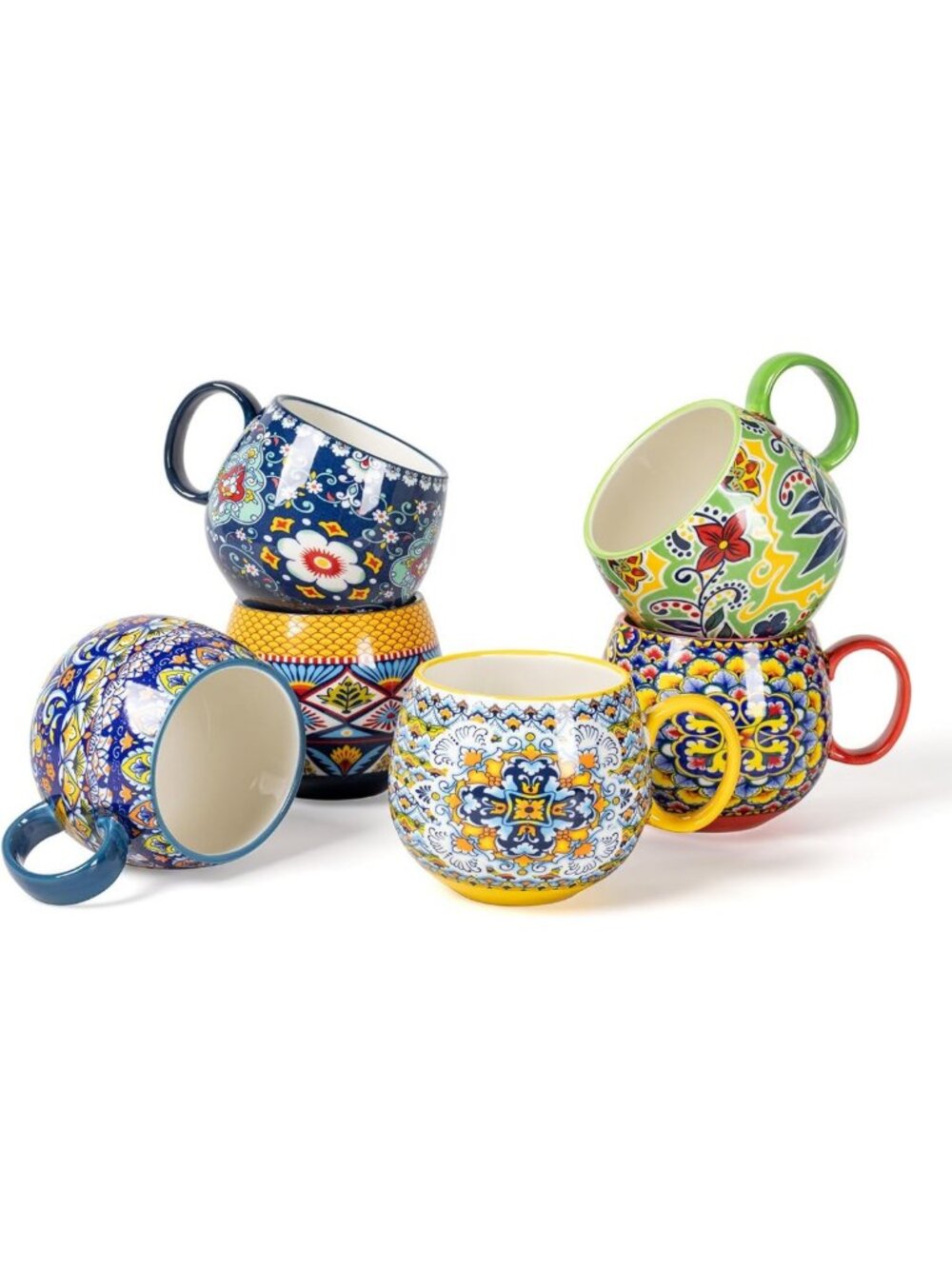 Set of 6 Large Boho Ceramic Coffee Mugs - 20 oz, Stylish & Functional Drinkware